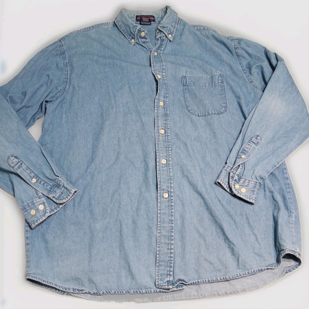Mens Fruit of the Loom Blue Denim Shirt Button Up Long Sleeve Cotton Size XL